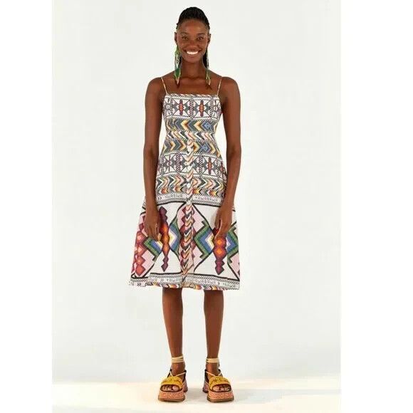 NWT. FARM RIO Amulet Multicolored Textured Linen Midi Dress Size M - Picture 5 of 10